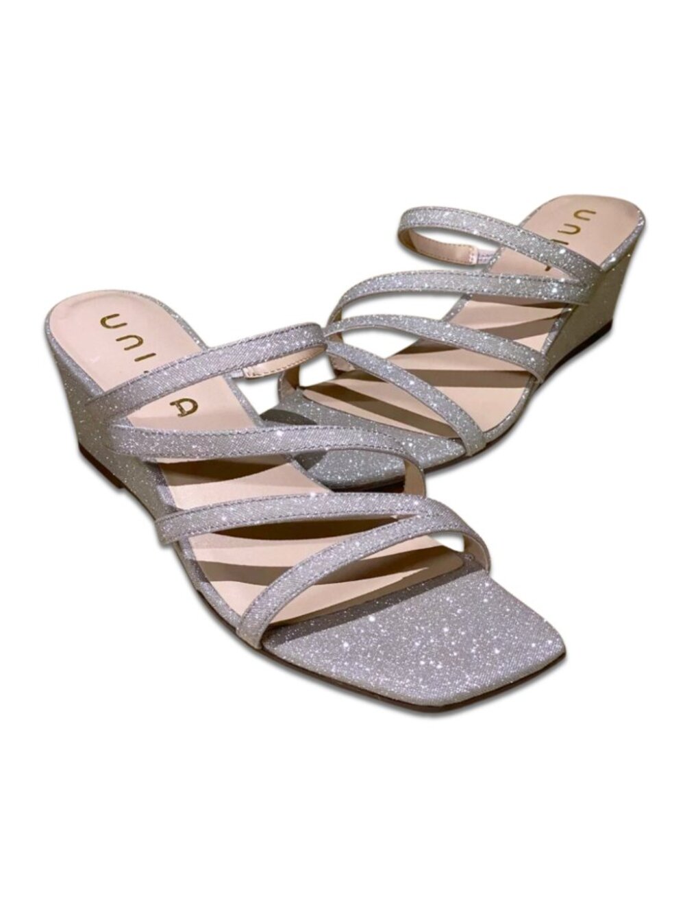 NEW Unisa Kerilyn Silver Glitter Strappy Wedge Sandals